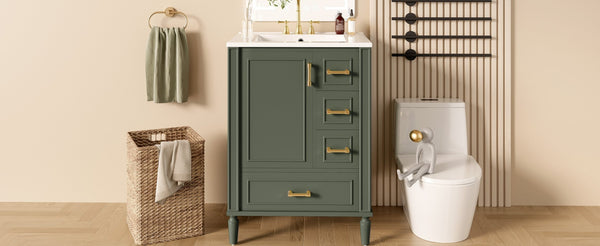 English Elm 24" Olive Bathroom Vanity Solid Wood Frame Ceramic Sink Gold Hardware Soft Close Olive Green N729P373272F