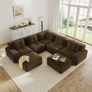 English Elm Modular Corduroy Sectional Sofa V Shaped 5 Seat Living Room Couch with Ottoman Brown W714S01577