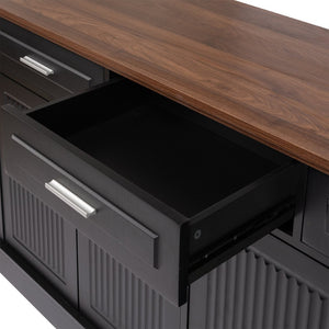 English Elm 63" Fluted Mdf Sideboard with Wood Tone Top Four Doors Three Drawers Dining Storage Black W2917S00010