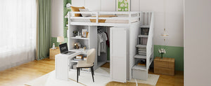 English Elm Full Size Loft Bed with Wardrobe Desk and Shelving for Modern Teen Bedroom White LT000679AAK-1