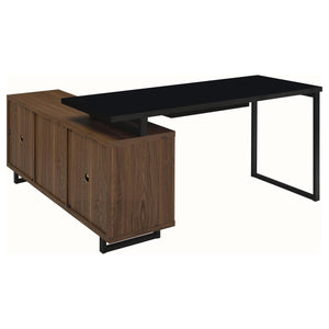 English Elm Rodger Black and Walnut L-Shape Computer Desk with Credenza, Slatted Doors, Drawers, Spacious Workstation B062P378334