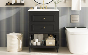 English Elm 24'' Retro Bathroom Vanity Mdf Cabinet with Ceramic Sink Open Shelf and 2 Drawers Black N710P405414B