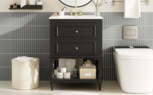 English Elm 24'' Retro Bathroom Vanity Mdf Cabinet with Ceramic Sink Open Shelf and 2 Drawers Black N710P405414B