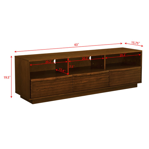 English Elm 63" Mid-Century Modern TV Stand for TVs up to 75" - Walnut Louver Media Console with Solid Wood Drawers, Outlet Holes, Spacious Storage and Durable P2 MDF Finish W1801P288509