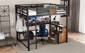 English Elm Queen Loft Bed With Workspace And Storage - Heavy-Duty Metal Frame, Noise-Free Design, Stylish Black W1580S00223-GIGA