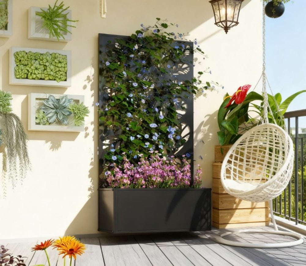 English Elm Freestanding Metal Planter with Trellis Panel for Climbing Vines on Patio or Balcony T3971P422011