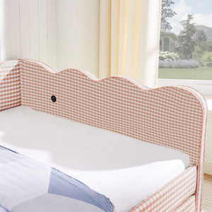 English Elm Full Size Gingham Linen Daybed with Wave Backrest Trundle and Usb Charging Port Pink W1413S00138