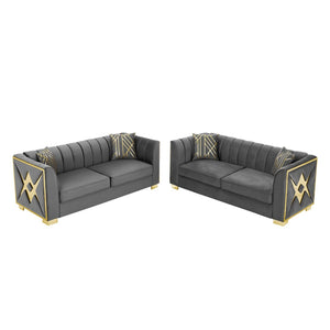 English Elm 81" Tufted Velvet Chesterfield Sofa with Gold Steel Legs for Elegant Living Rooms Gray W1191S00073