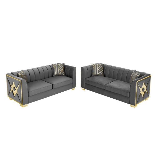 English Elm 81" Tufted Velvet Chesterfield Sofa with Gold Steel Legs for Elegant Living Rooms Gray W1191S00073