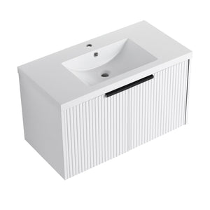 English Elm 36" Floating Bathroom Vanity with Resin Sink, Wavy Doors, Soft-Close Hinges & Durable Plywood Finish White W999P251811