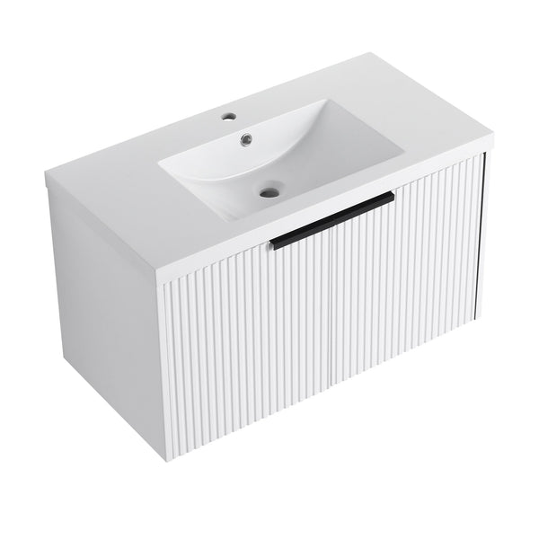 English Elm 36" Floating Bathroom Vanity with Resin Sink, Wavy Doors, Soft-Close Hinges & Durable Plywood Finish White W999P251811