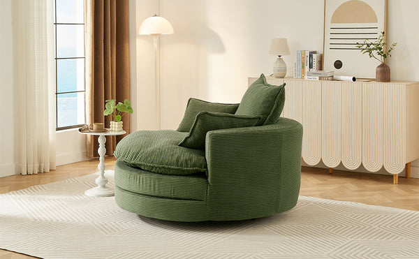 English Elm 360° Oversized Swivel Lounge Chair with 38" Deep Seat Dual-Layer Cushion Corduroy Accent Pillows Green N719S002100F