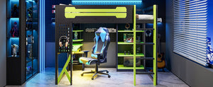 English Elm Full Size Loft Bed with Rgb Lighting Chevron Desk Usb Charging Ports and Storage Shelves Black+Green LT000286AAG