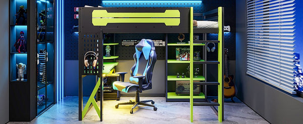 English Elm Full Size Loft Bed with Rgb Lighting Chevron Desk Usb Charging Ports and Storage Shelves Black+Green LT000286AAG