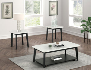 English Elm Contemporary Coffee Table With Marble Top, Caster Wheels & Storage Shelf - Stylish Black & White Design B2741P395098