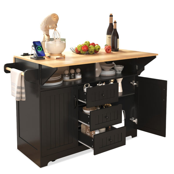 English Elm K&k Rolling Kitchen Island with Drop Leaves Power Outlet Drawers and Spice Rack Black N707S186617B