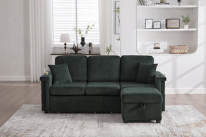 English Elm UNITED Corduroy L-Shaped Sectional Sofa with Storage Ottoman, USB Ports, Cup Holders & LED Lighting Emerald W1568P332404