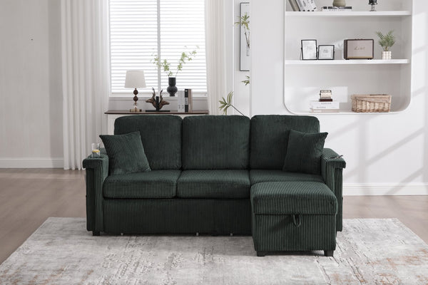 English Elm UNITED Corduroy L-Shaped Sectional Sofa with Storage Ottoman, USB Ports, Cup Holders & LED Lighting Emerald W1568P332404