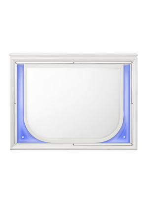English Elm Tarian Pearl White Mirror with LED Lighting, 34"x26" Modern Elegant Inlay Trim, Durable Wood Blend Finish B2726P269293