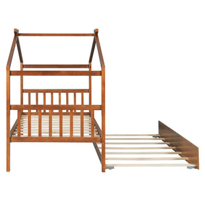 English Elm Twin House Bed with Pull Out Trundle Solid Pine Wood Frame Walnut Kids Room N708P309238L