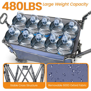English Elm Multi-functional Heavy Duty Folding Wagon with Canopy Steel Frame All Terrain Wheels Blue Gray W2932P417648