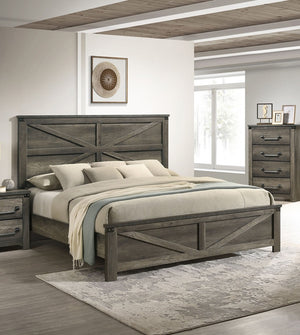 English Elm Rustic Farmhouse 3pc Queen Bed Set with Metal-Accent Headboard & Antique Brass Handles, Sturdy Gray 68 L x 35 W x 7 H B2741S00167