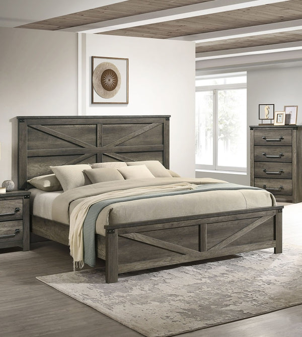 English Elm Rustic Queen Size Farmhouse Bed with Distressed Wood Headboard, Metal Accents, Durable Engineered Wood Gray 83 L x 35 W x 6 H B2741S00166
