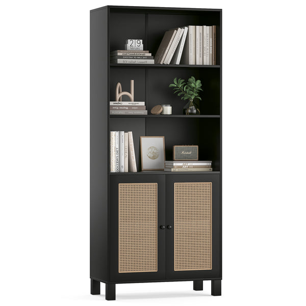 English Elm Tall Rattan Door Bookcase with 5 Shelves — Stylish Tall Storage Shelf for Living Room Office LibraryBedroom Black T3623P379897