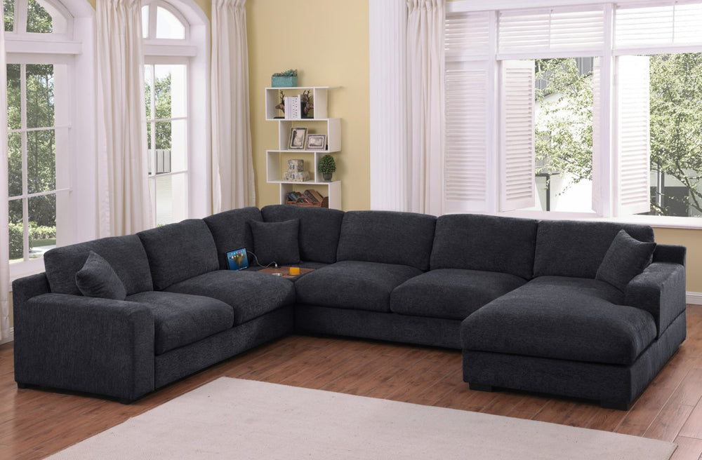 English Elm Chiara Chenille Corner Sectional with Chaise Cupholders Charging Ports for Living Room Dark Gray B2749S00115