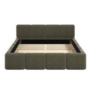 English Elm Queen Boucle Upholstered Platform Bed Low Profile Block Silhouette for Modern Bedroom N757P385459D