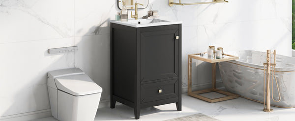 English Elm 20" Modern Bathroom Vanity With Ceramic Sink, Soft-Close Door, Drawer & Storage Rack In Black Finish N725P185452B