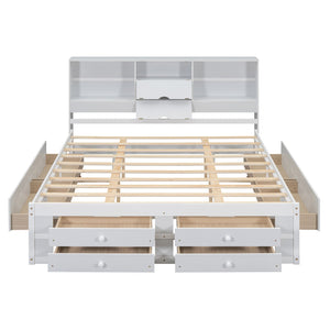 English Elm King Solid Wood Platform Bed with 8 Drawers and Storage Headboard, Durable MDF Frame, 500lb Capacity White GX000454AAK