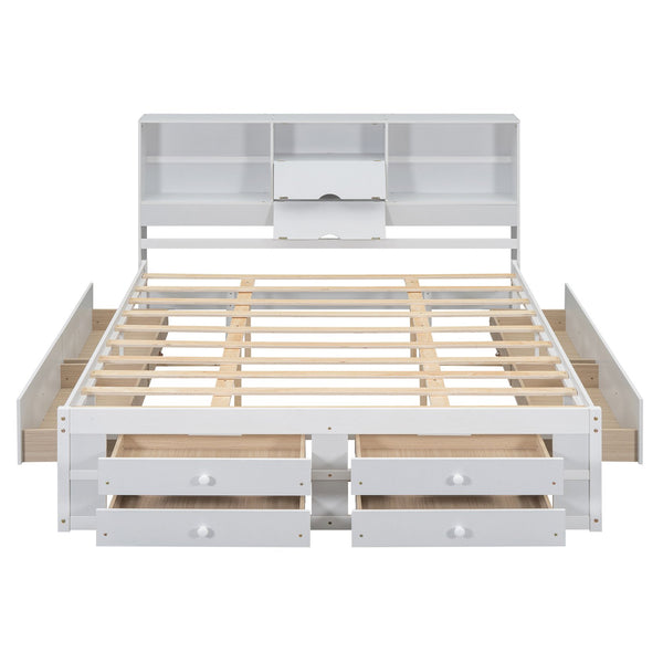 English Elm King Solid Wood Platform Bed with 8 Drawers and Storage Headboard, Durable MDF Frame, 500lb Capacity White GX000454AAK