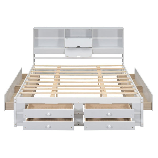 English Elm King Platform Bed with 8 Drawers Open Headboard Compartments and Pine Wood Frame White GX000454AAK-1