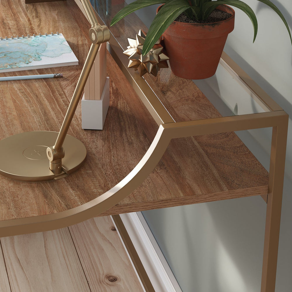 English Elm Writing Desk with Warm Mango Finish and Satin Gold Metal Frame, Compact Engineered Wood Workspace and Glass Shelf, Sturdy Design for Home Office, Hallway or Guest Room — Easy Assembly B356P368904