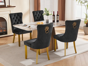 English Elm Mid-Century Velvet Dining Chair with Lion Head Pull Ring, Tufted Solid Wood Seat, Gold Legs Black W1143P193168