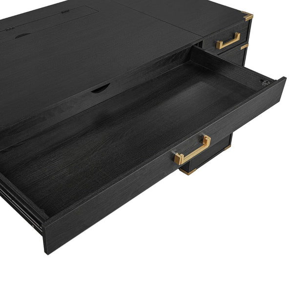 English Elm 70" Executive Writing Desk with Gold Metal Trim Seven Drawers and Built-in Power Outlets N751S376579B