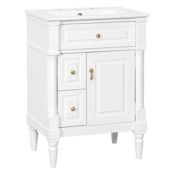 English Elm 24 Inch Freestanding Vanity with Ceramic Sink Rubberwood Frame Matte Finish Storage White N725P356058K