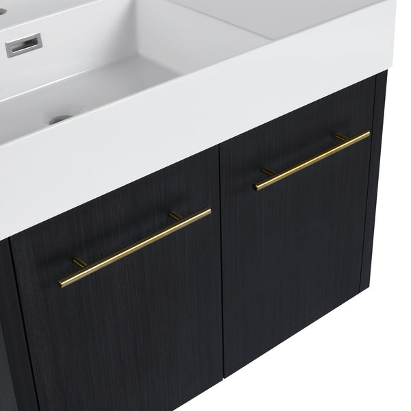 English Elm 30 Inch Wall-Mounted Bathroom Vanity Set With Left Basin Sink, Storage Rack & Modern Design W999S00368