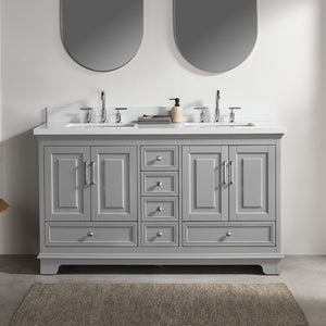 English Elm Fully 60'' Freestanding Double Bathroom Vanity with Solid Wood Base and Carrara Engineered Marble Top Gray W1826P382805
