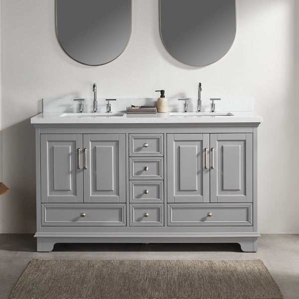 English Elm Fully 60'' Freestanding Double Bathroom Vanity with Solid Wood Base and Carrara Engineered Marble Top Gray W1826P382805