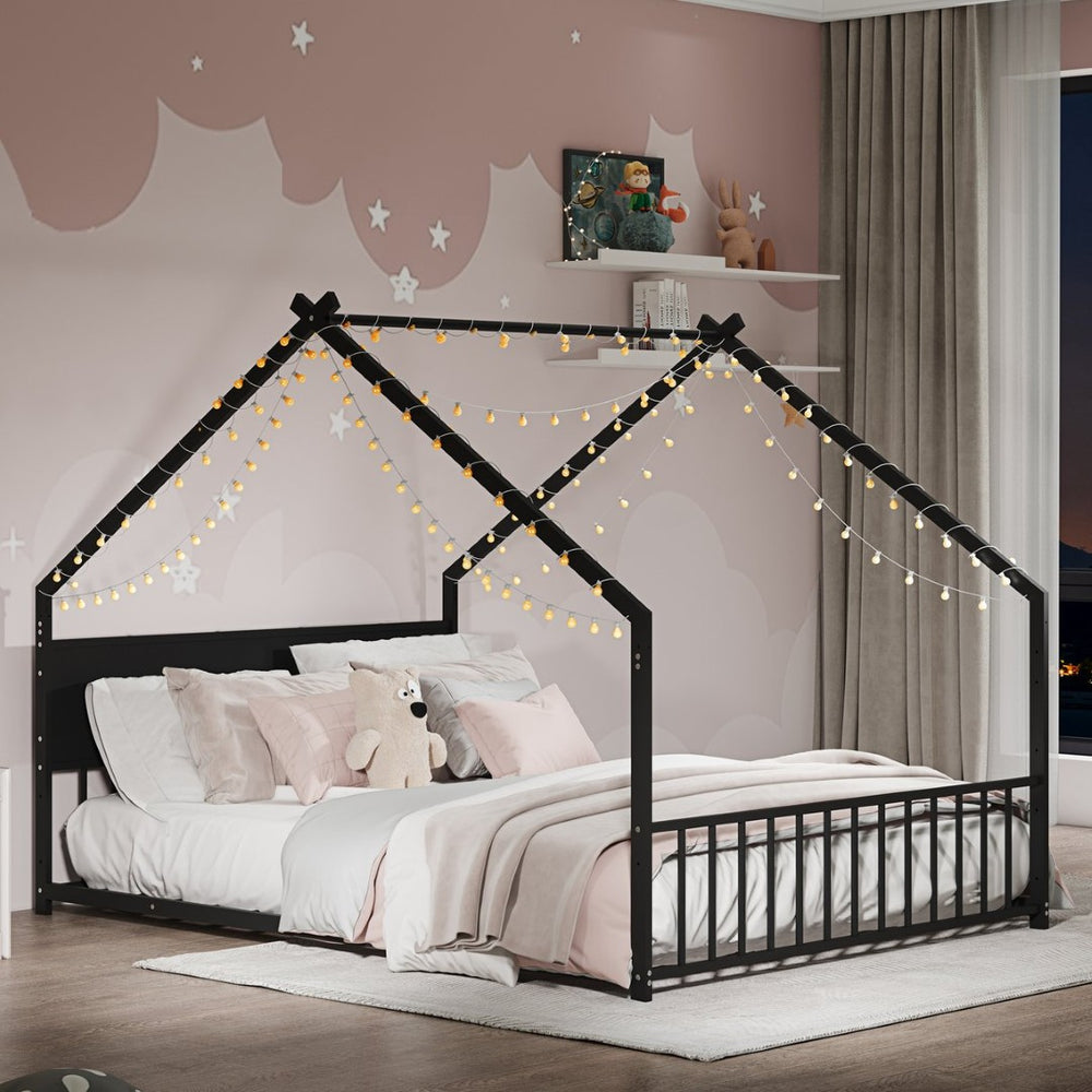 English Elm Twin House Bed Frame with Led Lights Iron Slats Low Profile Kids Bedroom W1820P234582