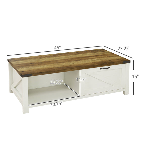 English Elm HOMCOM Rustic Farmhouse Coffee Table with Drawer & Open Shelf, Sturdy 132lb Capacity, White/Walnut W2225P200900
