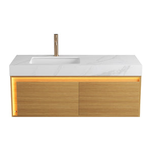 English Elm NYAH Floating 48" Bathroom Vanity with Carrara Sintered Stone Top, Undermount Basin & LED Sensor Light W2615S00367