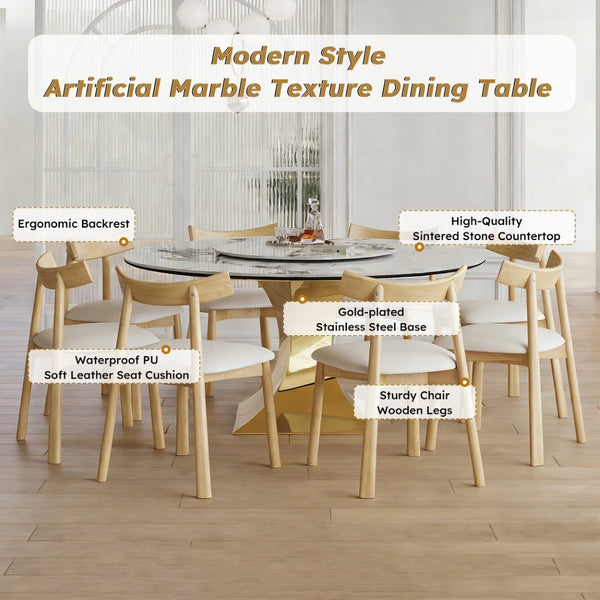 English Elm 59" Round Sintered Stone Table Set Seats Eight with Gold Hourglass Base Lazy Susan W2700S00131