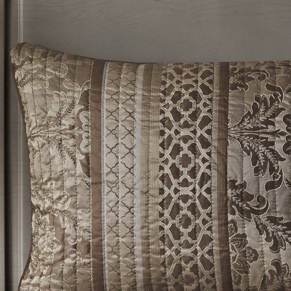 JLA Home Madison Park - 6 Piece Jacquard Quilt Set with Throw Pillows — Reversible Luxe Texture, Leaf & Ironwork Motifs, Hotel-Style Elegance Brown/Gold MP13-369