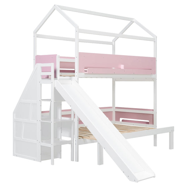 English Elm House-shaped Pine Bunk Bed with Built-in Slide Storage Staircase Twin Over Full Kids Frame White+Pink N820S00082K