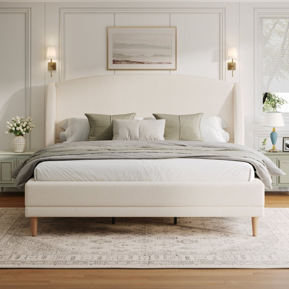 English Elm King Boucle Upholstered Wingback Bed Solid Wood Legs Textured Platform Frame N757P359719K