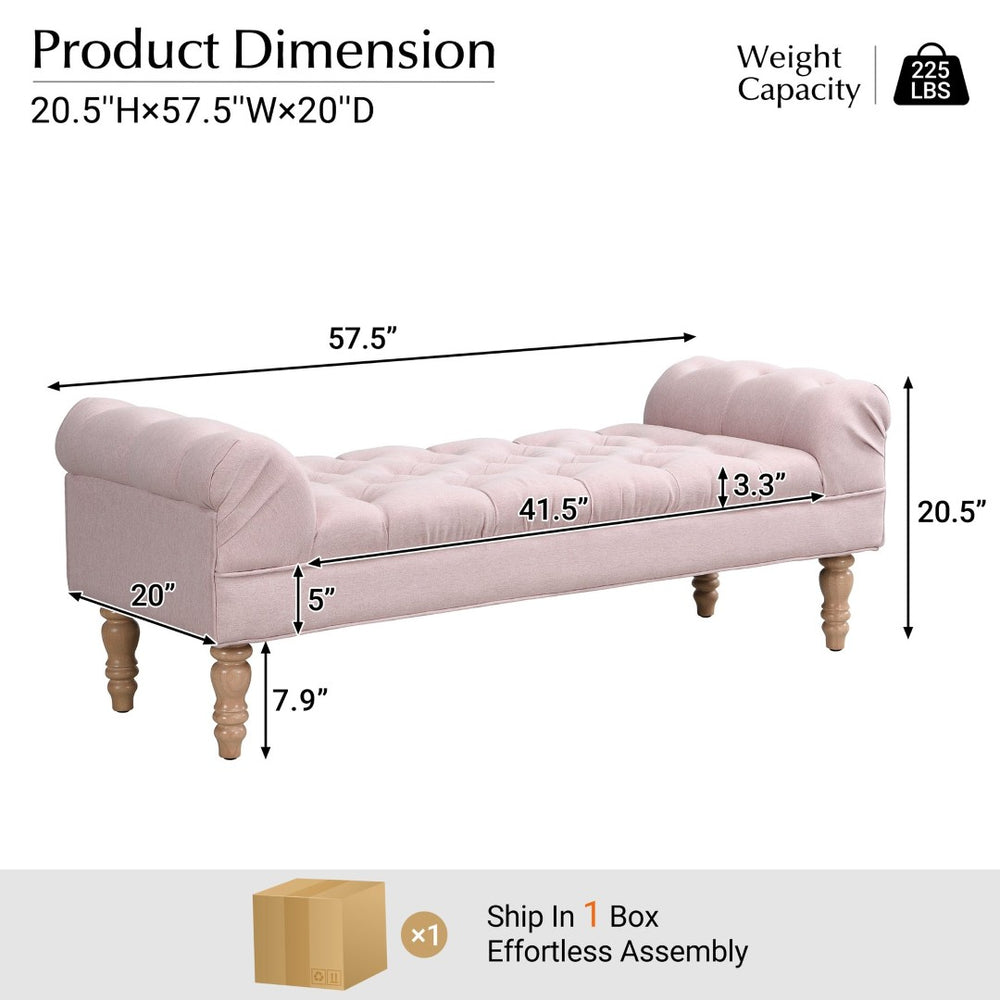 English Elm Button-tufted Upholstered Bench with Oak Legs Diamond Stitching for Bedroom or Entryway Pink N761P304406H