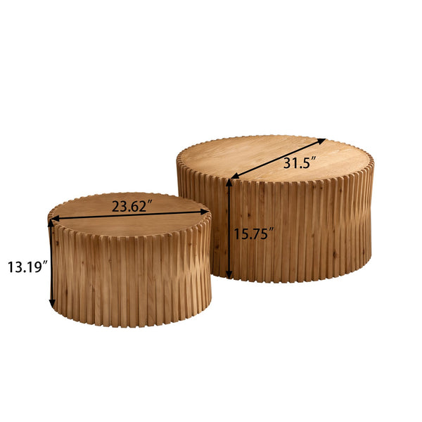 English Elm Vintage Cylindrical Nesting Coffee Table Set, Textured Embossed Wood Accent Tables for Living Room Natural W757P195740